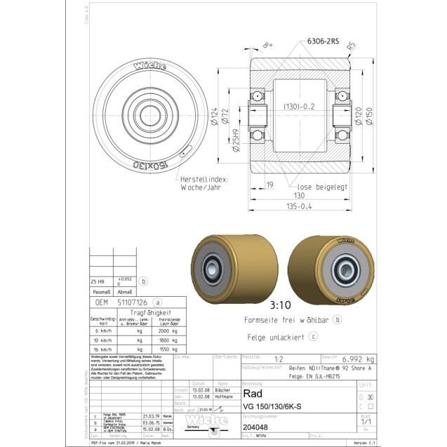 204048 VG 150/130-120/6K-S 6306-2RS NL:130 EL:135  (Bo:25)